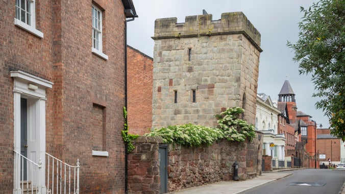 The 14th-century Town Walls Tower in Shrewsbury, part of the wider Attingham Park estate, Shropshire. The surrounding properties are not owned by the National Trust.